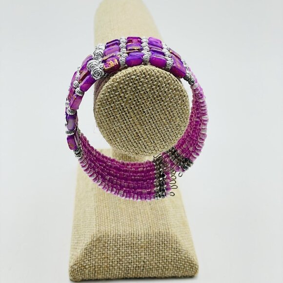 Beaded Cuff Bracelet Silver Tone Pink Purple Memory Wire Boho Festival Party - Picture 5 of 6